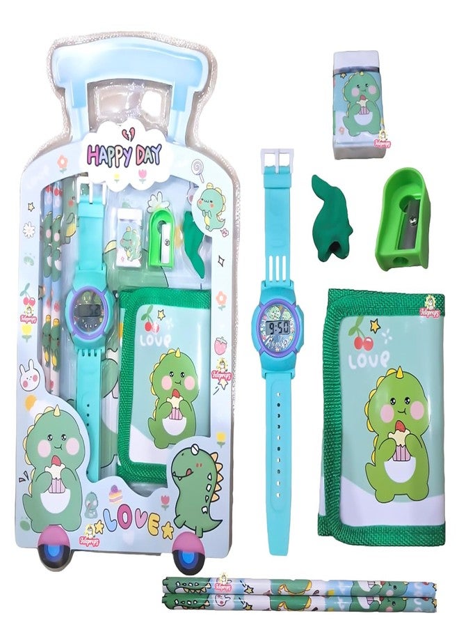 SAMVARDHAN 7 in 1 Stationery Gift Set for Children | Stationery Supplies Bundle with Digital Watch, Sharpener, Eraser, 2 Pencils, Wallet Pouch Return Gift for Kids (GIFTSET-9005-PACK1-SUMMER-GREEN) - Image 1